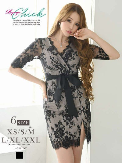 先行予約割¥4380→¥4160!※一部予約販売※総レースカシュクール七分袖ミニドレス【RyuyuChick】(XS/S/M/L/XL(2L)/XXL(3L))(ブラック)