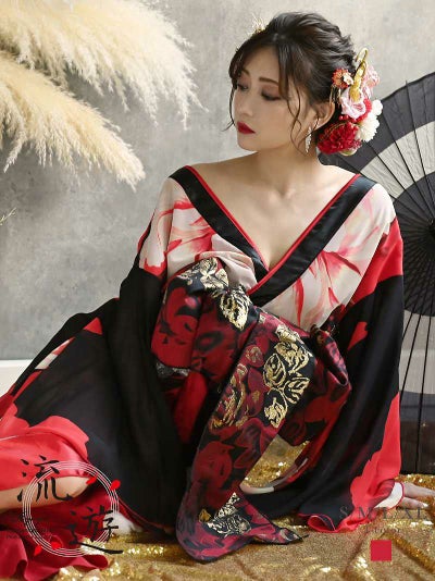 花柄盛り帯肌魅せレッド花魁着物ドレス 加賀美早紀 着用和柄ドレス【流遊】(S/M/L/XL)(レッド)