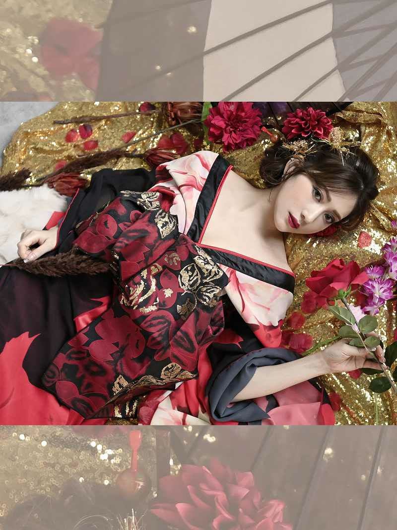 花柄盛り帯肌魅せレッド花魁着物ドレス 加賀美早紀 着用和柄ドレス【流