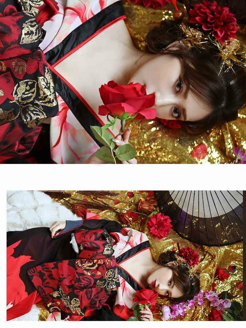 花柄盛り帯肌魅せレッド花魁着物ドレス 加賀美早紀 着用和柄ドレス【流