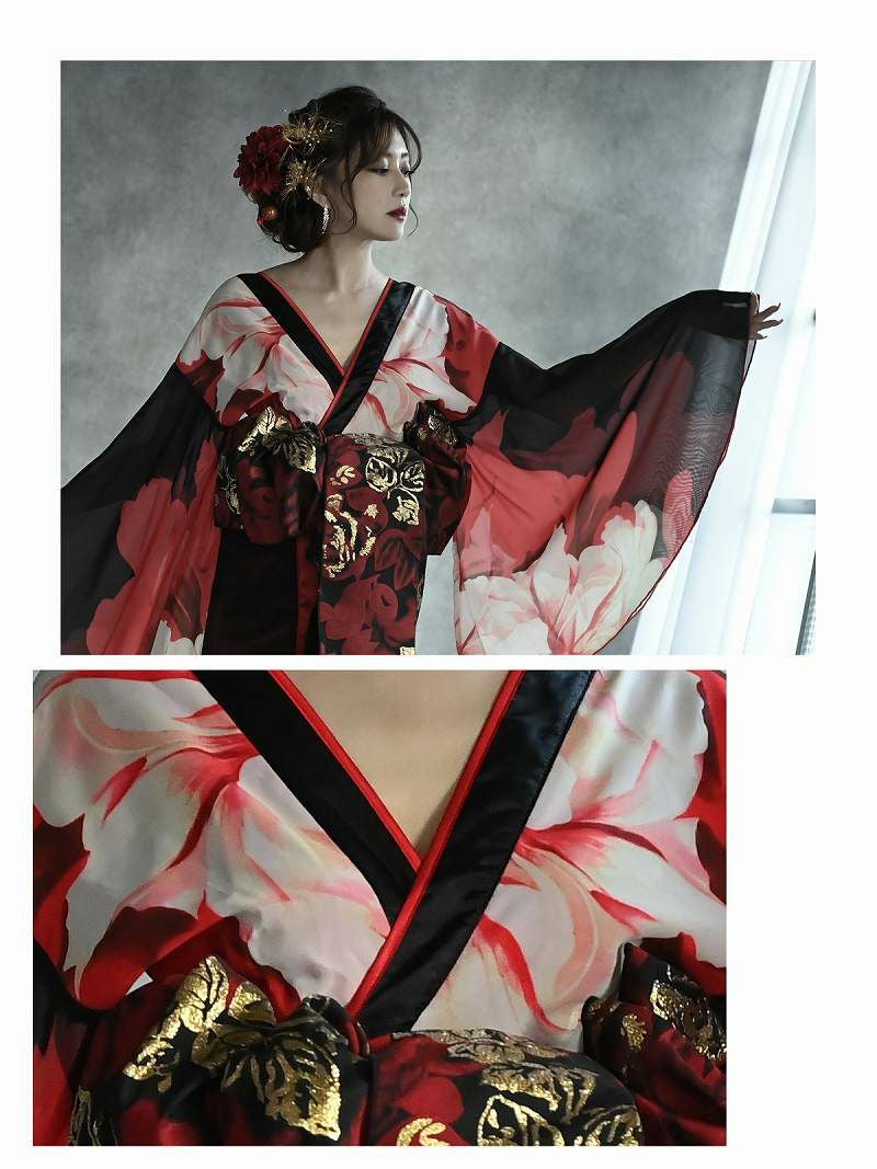 花柄盛り帯肌魅せレッド花魁着物ドレス　和柄ドレス【流遊】(L)(レッド) 花柄盛り帯肌魅せレッド花魁着物ドレス 加賀美早紀 着用和柄ドレス【流
