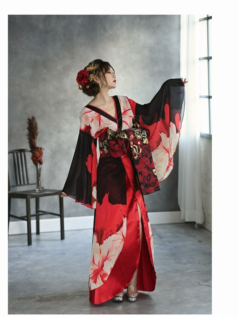 花柄盛り帯肌魅せレッド花魁着物ドレス 加賀美早紀 着用和柄ドレス【流