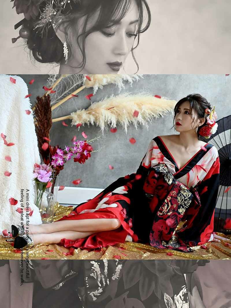 花柄盛り帯肌魅せレッド花魁着物ドレス 加賀美早紀 着用和柄ドレス【流