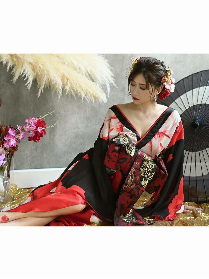 花柄盛り帯肌魅せレッド花魁着物ドレス 加賀美早紀 着用和柄ドレス【流