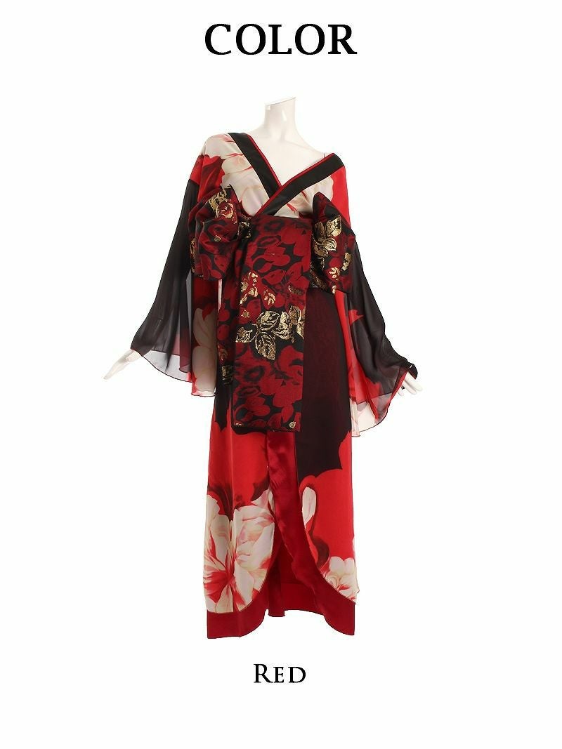 花柄盛り帯肌魅せレッド花魁着物ドレス　和柄ドレス【流遊】(L)(レッド) 花柄盛り帯肌魅せレッド花魁着物ドレス 加賀美早紀 着用和柄ドレス【流