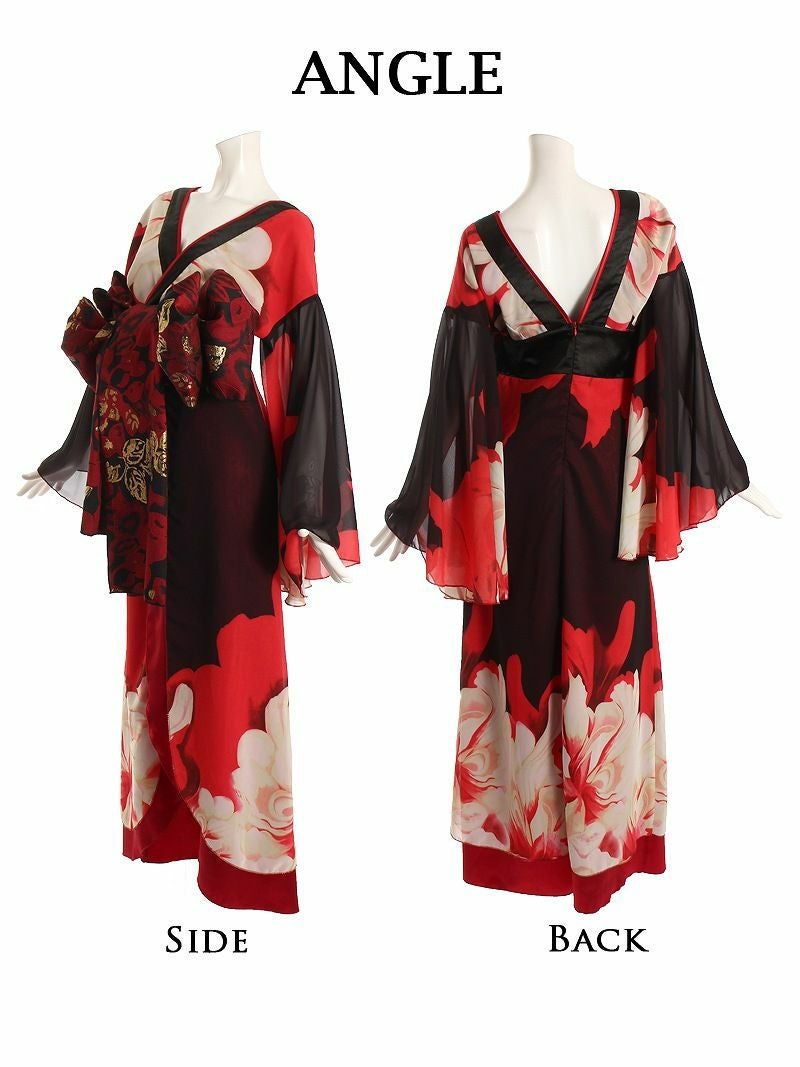 花柄盛り帯肌魅せレッド花魁着物ドレス　和柄ドレス【流遊】(L)(レッド) 花柄盛り帯肌魅せレッド花魁着物ドレス 加賀美早紀 着用和柄ドレス【流
