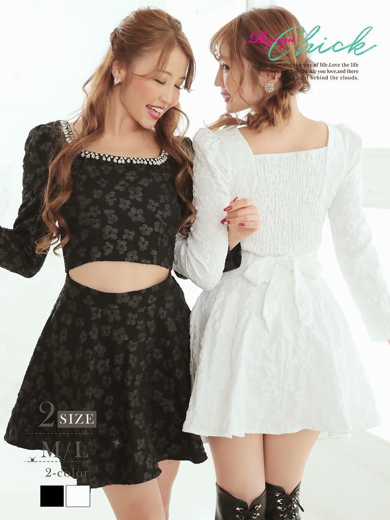 花柄エンボス加工お腹魅せショート丈トップスセットアップドレス【Ryuyuchick/リューユチック】