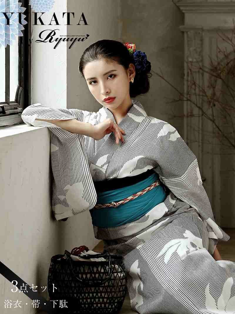 【即納】黒×白×ターコイズブルー兵児帯 ストライプ金魚モチーフ高級浴衣 レディース浴衣3点セット【Ryuyu/リューユ】