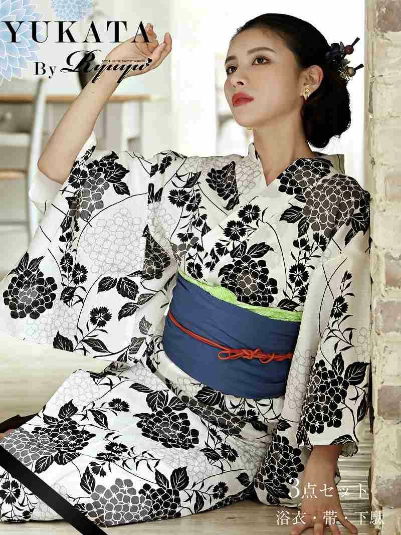 浴衣 白×黒×青兵児帯 紫陽花柄モノトーンレトロ浴衣 レディースゆかた3点セット【Ryuyu】(フリーサイズ)(ホワイト)