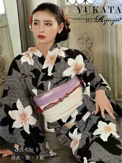 浴衣SALE¥12800→¥10880! 浴衣 モノトーン 白の百合柄 古典柄シック浴衣レディースゆかた3点セット【Ryuyu】(フリーサイズ)(ブラック)