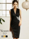 【Veautt/ヴュート】谷間魅せシアーウエストビジュー膝丈キャバドレス