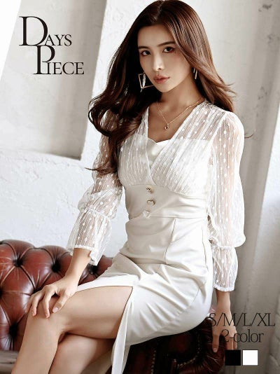 先行予約割¥8380→¥7961!※一部予約販売※ドットレース袖付き膝丈韓国キャバワンピース【DAYS PIECE】(S/M/L/XL(2L))(アイボリー/ブラック)?ptpl