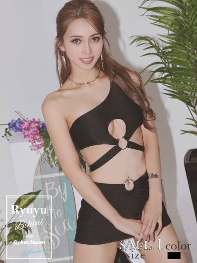 水着 大胆なバストカットとアシンメトリーなワンショルが色っぽさを引き立てるスカート付きセクシービキニ 【Ryuyu】(S/M/L)(ブラック)