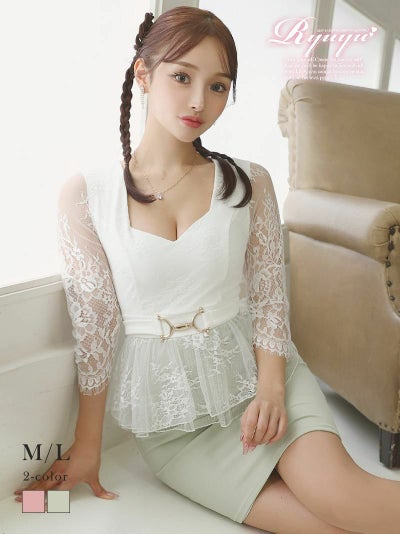 バイカラーレースペプラム袖付きキャバドレス ゆずは れいたぴ 着用ミニドレス【Ryuyu】(S/M/L/XL)(グリーン/ラベンダー/ピンク)