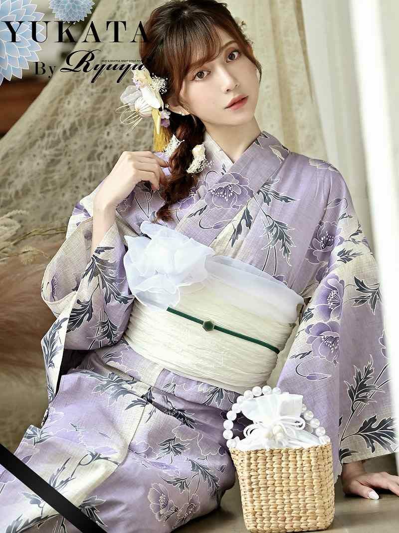 浴衣 パープルカラー牡丹柄レディース浴衣 加賀美早紀 着用 綿麻高級ゆかた【Ryuyu】(フリーサイズ)(パープル)
