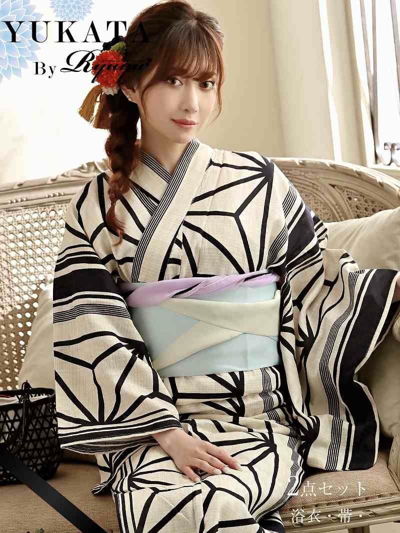 【即納】モノトーン麻の葉柄浴衣 加賀美早紀着用 レディース浴衣2点セット【Ryuyu/リューユ】