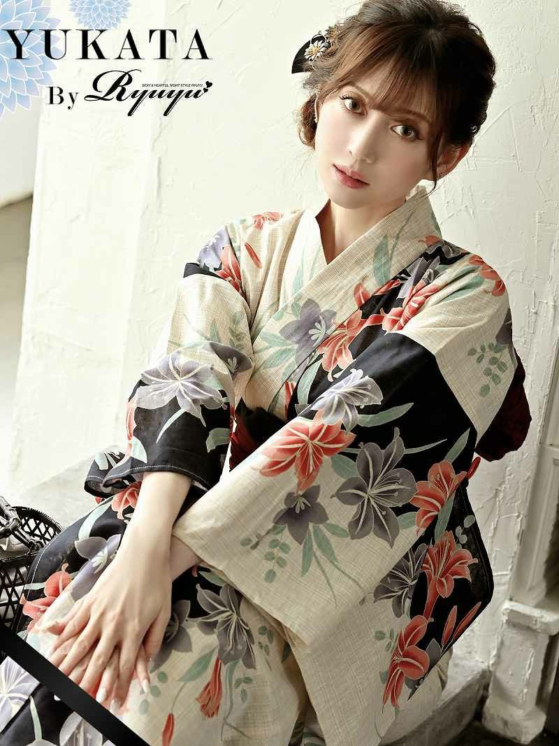 浴衣 ホワイト×ブラックカラー百合柄高級単品レディース浴衣 加賀美早紀 着用 レディースゆかた【Ryuyu】(フリーサイズ)(ブラック)