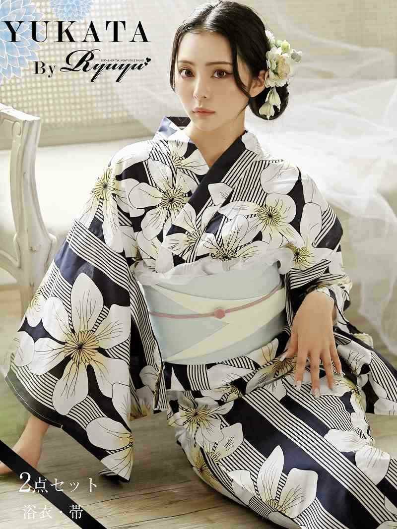 浴衣 白地にネイビーカラーの百合柄高級浴衣 KANO 着用 レディースゆかた【Ryuyu/リューユ】(フリーサイズ)(ミント)