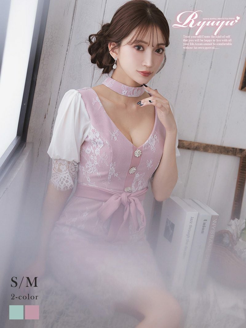 袖付きアイラッシュレースデザインタイトキャバドレス【Ryuyu】