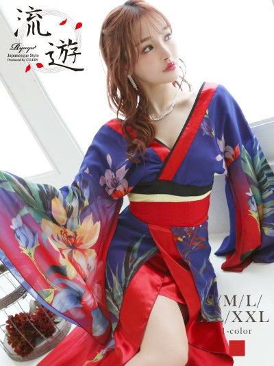 先行予約割￥13800→￥13385！※予約販売※艶やか花柄優美な花魁ドレス【Ryuyu】(S/M/L/XL/XXL)(ネイビー)