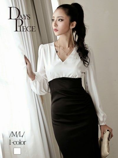 モノトーンバイカラー膝丈韓国キャバワンピース KANO 着用 キャバドレス【DAYS PIECE】(M/L)(ホワイト)