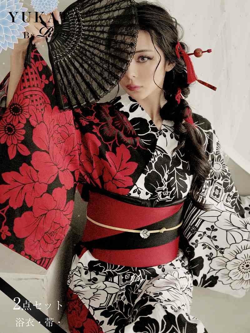 浴衣 貫禄華美!半身柄クール大人レディース浴衣2点セット KANO 着用 キャバゆかた【Ryuyu】(フリーサイズ)(レッド×ホワイト)