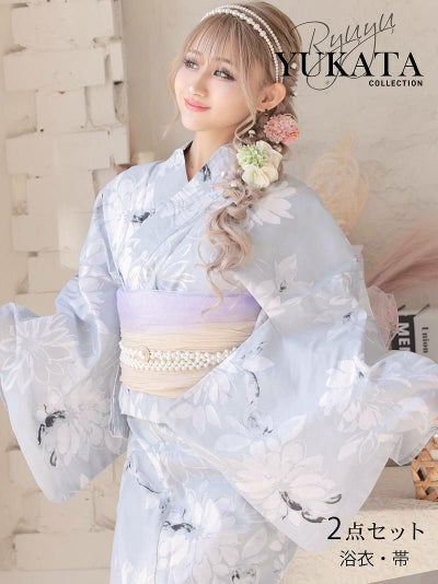 浴衣 ガーリーデザイン大柄フラワーギャル浴衣 あいみん 着用 レディースゆかた2点セット【Ryuyu】(フリーサイズ)(グレー)
