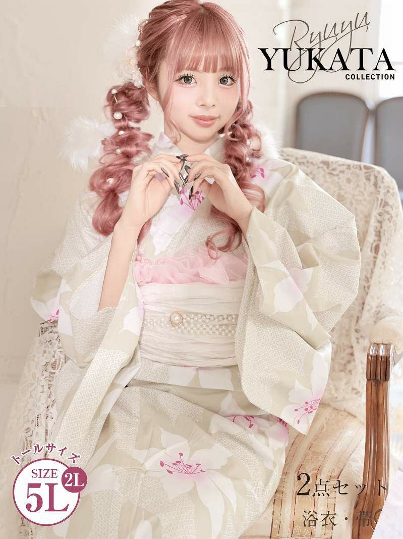 浴衣 ニュアンスグレーフラワー牡丹柄ギャル浴衣 あいさ 着用 トールサイズレディースゆかた【Ryuyu】(2L/3L/4L/5L)(ベージュ)