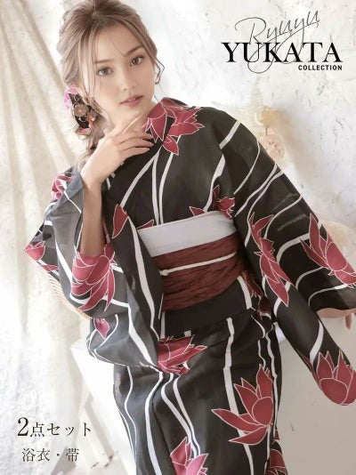 浴衣 色っぽブラック×芍薬柄大人レディース浴衣  キャバゆかた2点セット【Ryuyu】(フリーサイズ)(ブラック)
