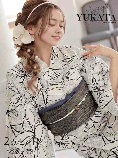 浴衣SALE￥7980→￥7183！ 浴衣 大人グレー花柄ラメ帯レディース浴衣 ゆかた2点セット【Ryuyu】(フリーサイズ)(グレー)