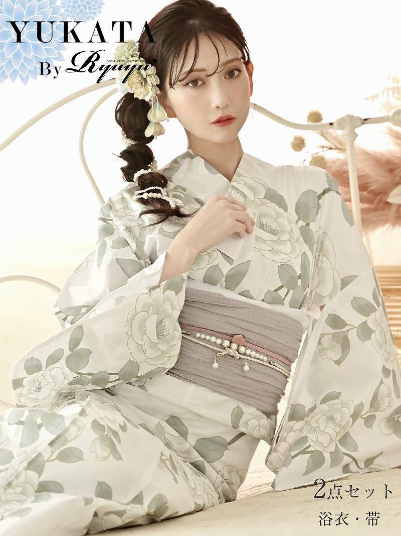 浴衣 白地に椿柄で色気を纏うレディース浴衣 加賀美早紀 着用 大人ゆかた2点セット【Ryuyu】(フリーサイズ)(ホワイト)