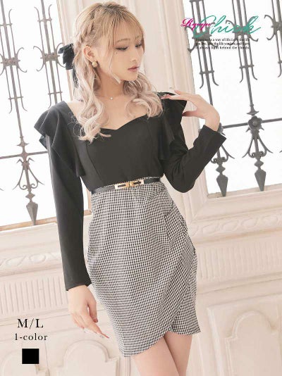 フリル袖チェック柄モノトーンキャバワンピース あいみん 着用 長袖キャバドレス【RyuyuChick】(M/L)(ブラック)