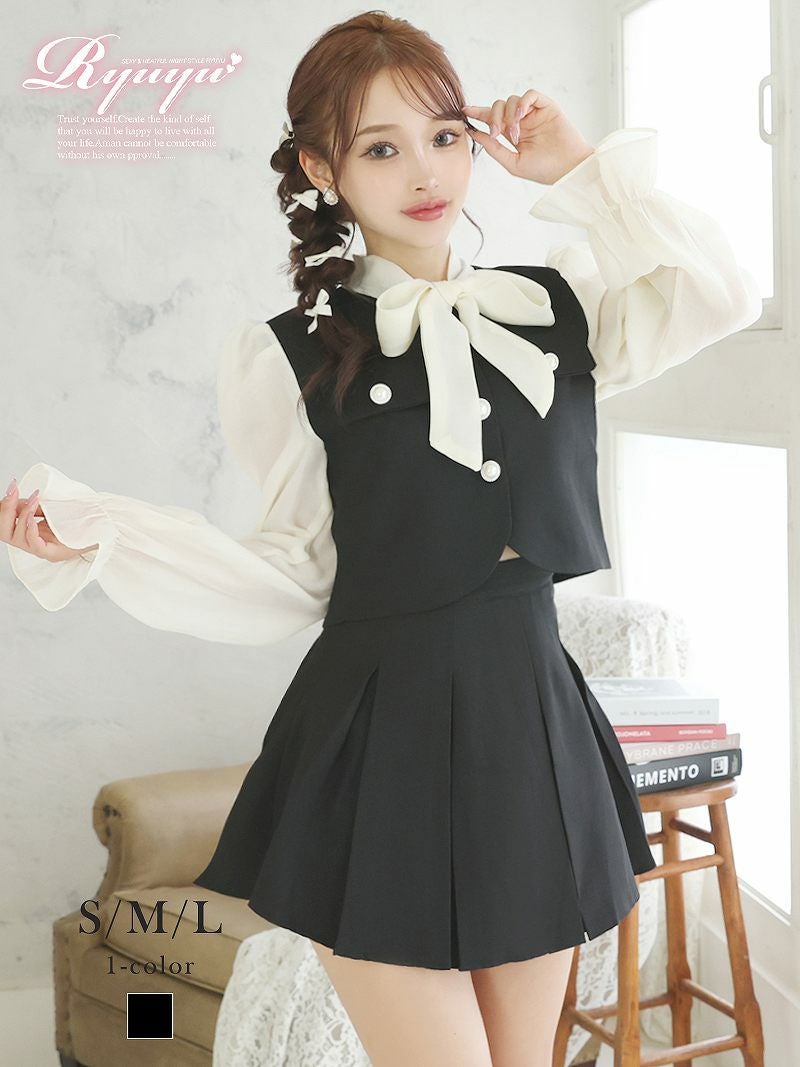 ボウタイリボン長袖ツイード韓国風セットアップドレス【Ryuyu】(S/M/L)(ブラック)