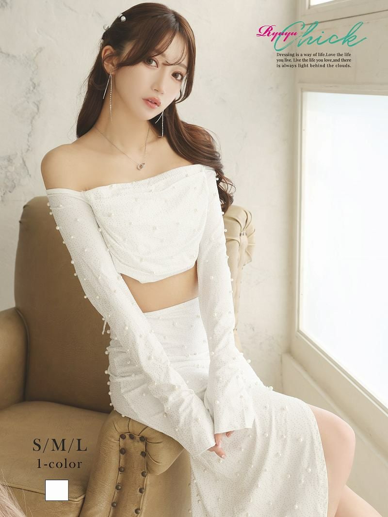 袖付きオフショルへそ出しセットアップキャバドレス【RyuyuChick】(S/M/L)(ホワイト)