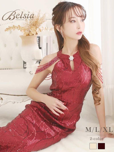 先行予約割¥8180→¥7771!※一部予約販売※煌めきシャンデリアビーズインポートロングドレス 武田静加 着用キャバドレス【Belsia】(M/L/XL(2L))(レッド/オフホワイト)