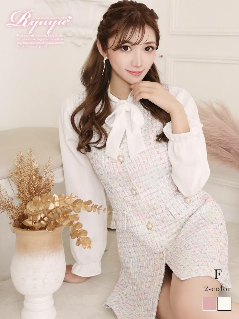 ボウタイリボン×ツイード韓国風セットアップワンピース【Ryuyu】