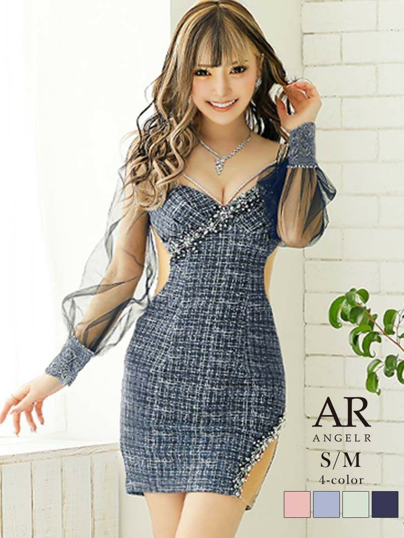 【Angel R/エンジェルアール】チェック柄シースルー長袖タイトキャバミニドレス