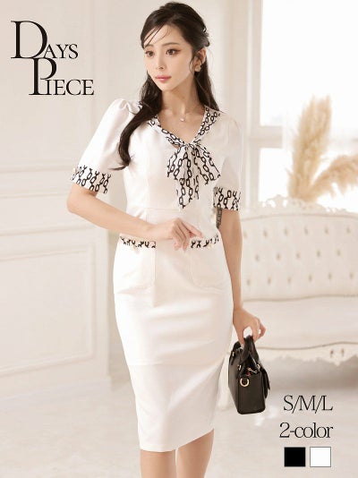 ボウタイリボン半袖韓国風ワンピース KANO 着用 ラウンジワンピース【DAYS PIECE】(S/M/L)(ブラック/ホワイト) ptpl