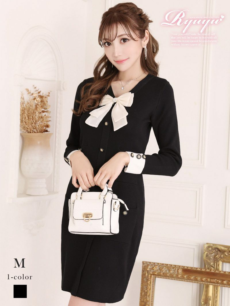 モノトーンリボン袖付きニットキャバワンピース【Ryuyu】