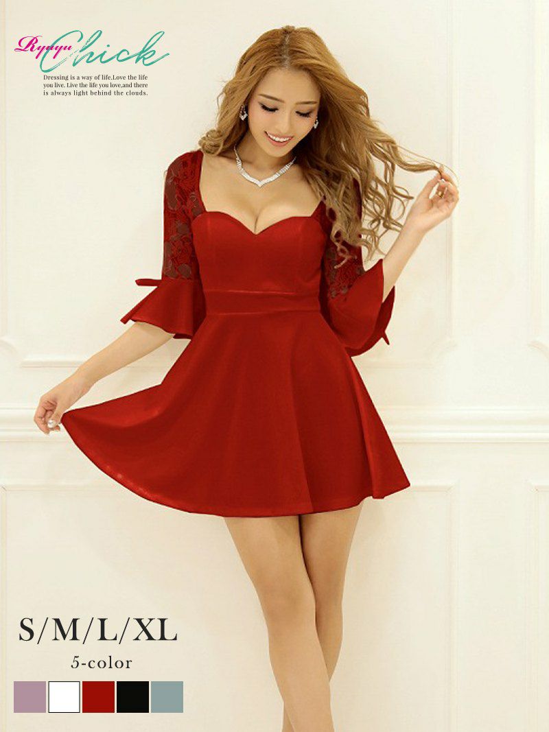 フレア袖魅惑のレースミニドレス【RyuyuChick】