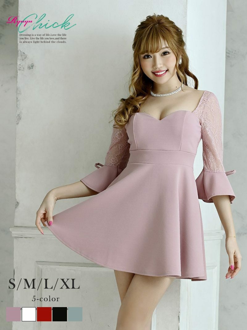 優雅なフレア袖のミニ丈レースドレス【RyuyuChick】(S/M/L/XL)(ブラック/レッド/ホワイト/ピンク/ライトブルー)