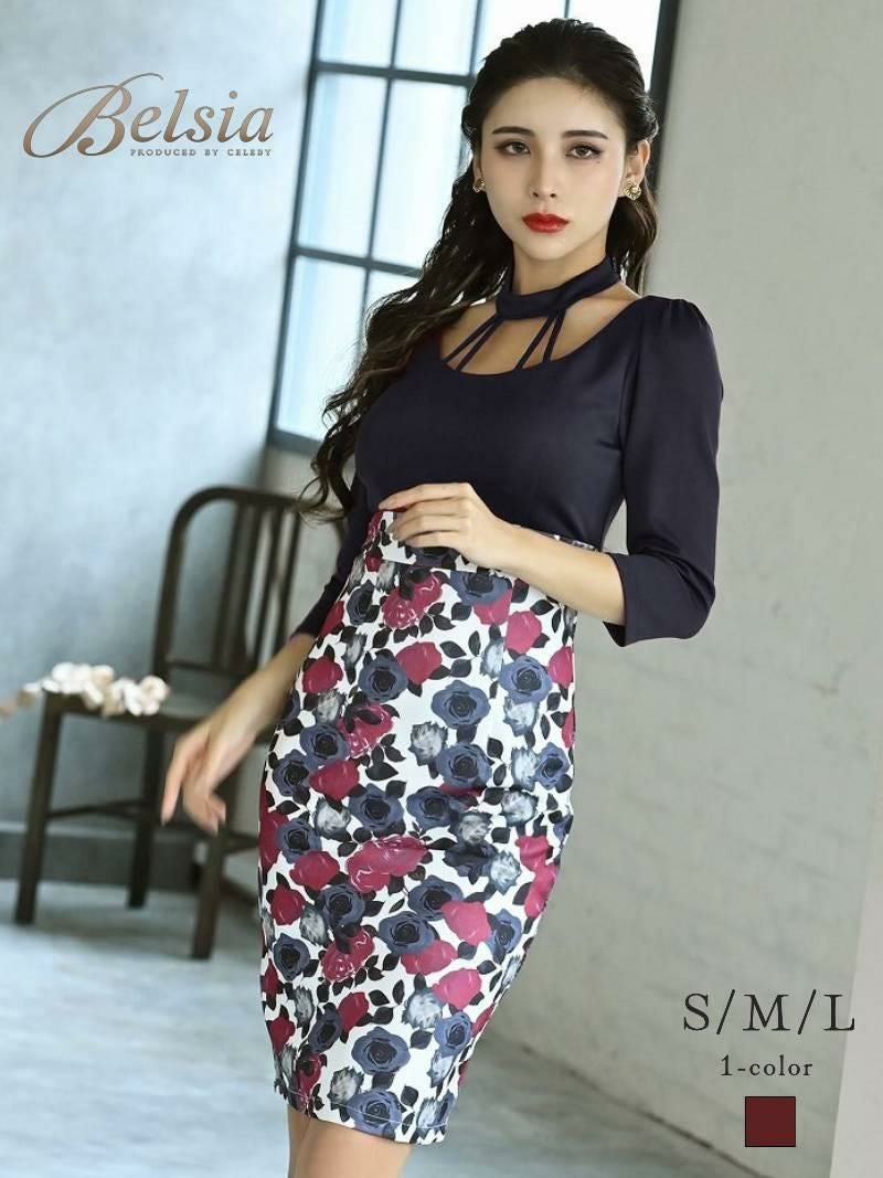 花柄×バイカラー ハイウエストミニドレス【Belsia】