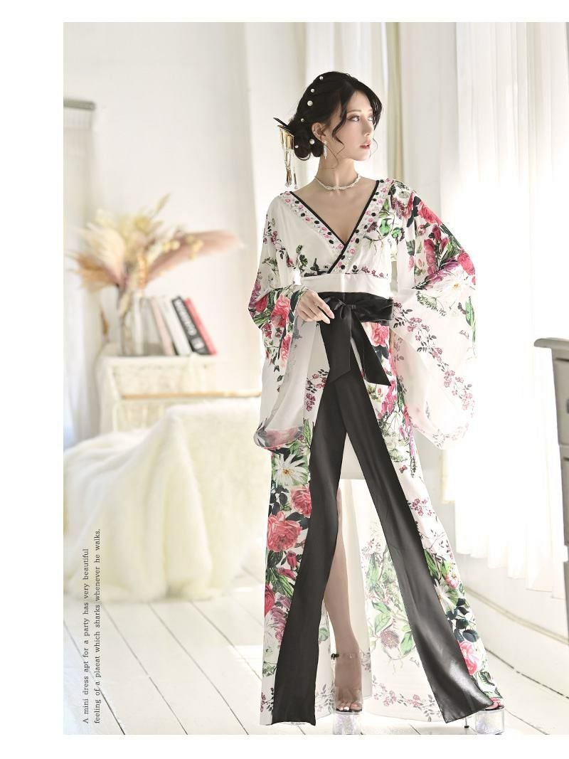 訳ありアウトレット】純白に可憐な花柄の花魁コスプレ和柄ドレス【流遊