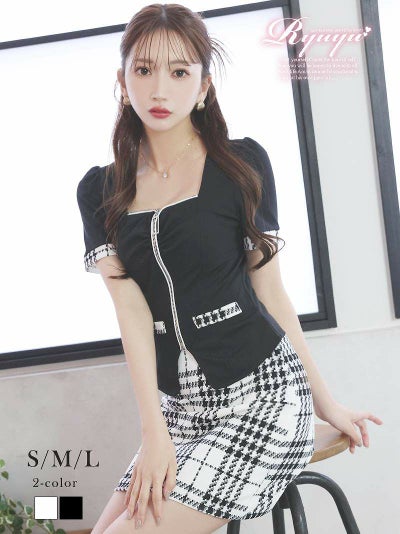 チェック×韓国風モノトーン袖付きセットアップドレス【Ryuyu】(S/M/L)(ホワイト/ブラック)