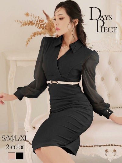 先行予約割￥7980→￥7581！襟付きシフン袖韓国キャバワンピース KANO 着用 ミディドレス【DAYS PIECE】(S/M/L/XL(2L))(ピンク/ブラック)