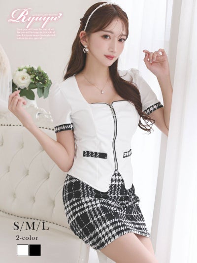 モノトーンバイカラー袖付きセットアップドレス【Ryuyu】(S/M/L)(ホワイト/ブラック)