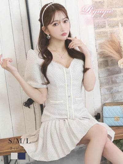 Aラインフリル袖付きキャバ可愛いミニ丈キャバワンピース【Ryuyu】(S/M/L)(ネイビー/ベージュ)