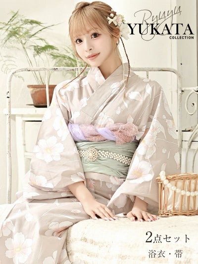 水着浴衣SALE￥9980→￥7984！ 浴衣 くすみベージュがかわいい椿柄レディース浴衣 あいさ 着用 ギャルゆかた2点セット【Ryuyu】(フリーサイズ)(ベージュ)