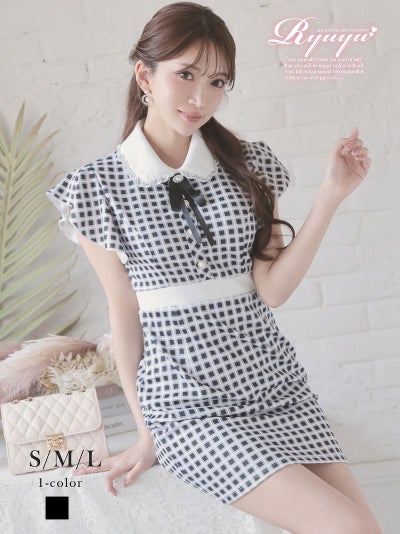 韓国風フリル袖チェック柄ガーリー可愛いキャバクラミニドレス【Ryuyu】(S/M/L)(ブラック) ptpl