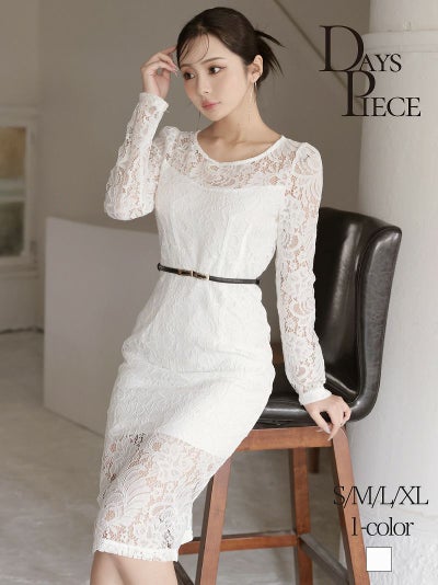 ホワイト総レースミディ丈キャバワンピース KANO 着用 韓国ドレス【DAYS PIECE】(S/M/L/XL(2L))(ホワイト) ptpl